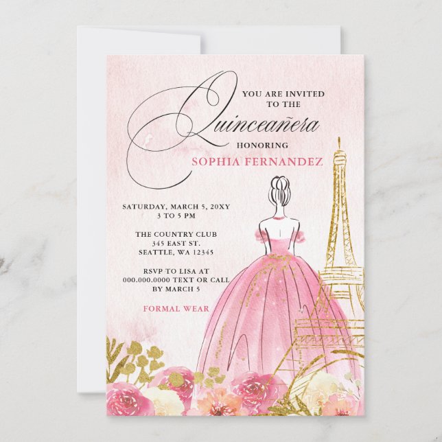  Rosa Guld Eiffel Torn Paris Quinceañera Inbjudningar (Framsida)