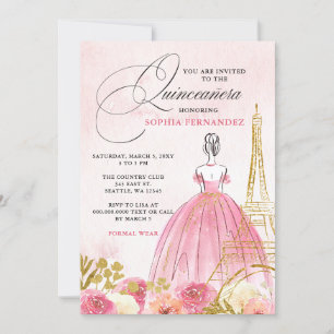 Rosa Guld Eiffel Torn Paris Quinceañera Inbjudningar