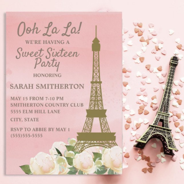 Rosa Guld Eiffel Torn White Blommigt Sweet 16 Inbjudningar (Ooh la la Parisian Sweet 16 birthday party invitation)