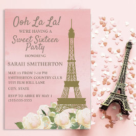 Rosa Guld Eiffeltorn Vita Blommor Sweet 16 Inbjudningar