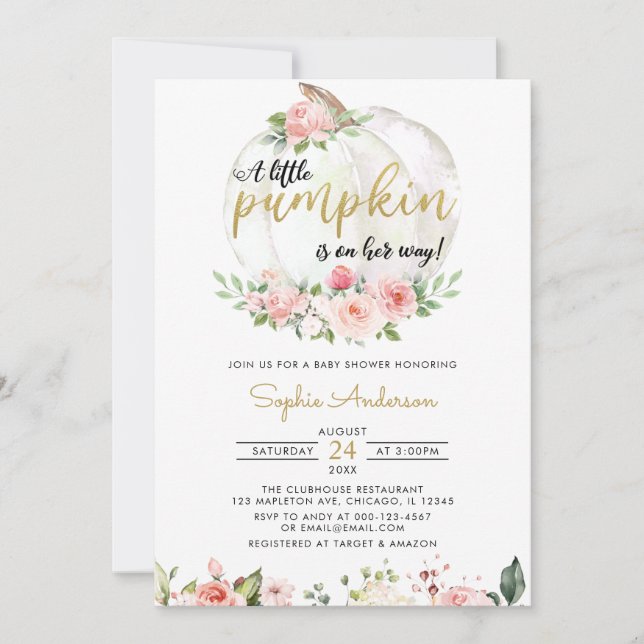 Rosa Guld Elegant A Little Pumpkin Baby Shower Inv Inbjudningar (Framsida)