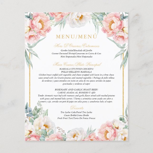 Rosa & Guld Elegant Bilingual Quinceañera Menu (Framsida)