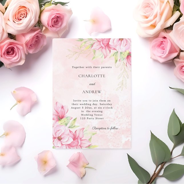 Rosa guld elegant blommande bröllop inbjudningar (Skapare uppladdad)