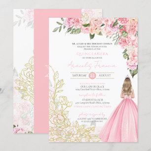 Rosa & Guld Elegant Blommigt Girly Quinceanera Inbjudningar
