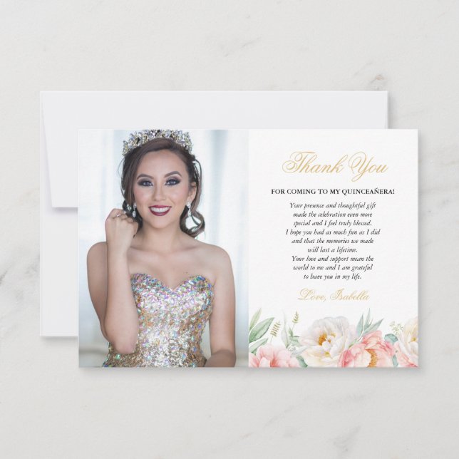 Rosa & Guld Elegant Blommigt Photo Quinceañera Tack Kort (Framsida)
