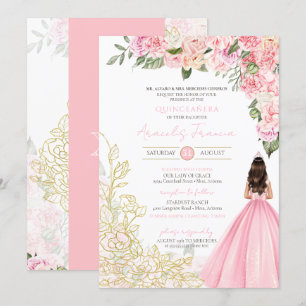 Rosa Guld Elegant Blommigt Söt Dress Quinceanera Inbjudningar