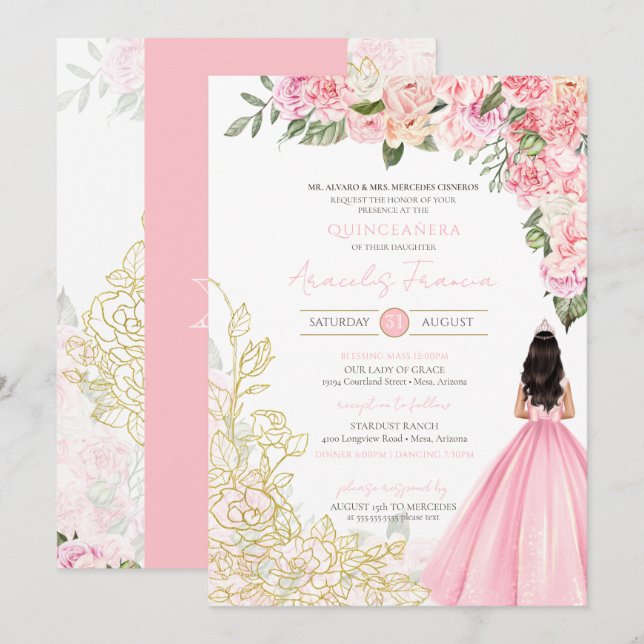 Rosa Guld Elegant Blommigt Söt Dress Quinceañera Inbjudningar (Fram/baksida)