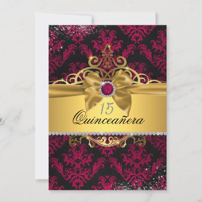 Rosa guld elegant damask Quinceanera-inbjudan Inbjudningar (Framsida)