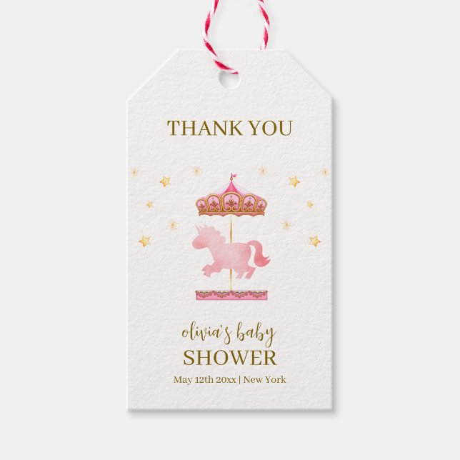 Rosa Guld Elegant Karousel Carnival Baby Shower Presentetikett (Framsidan)