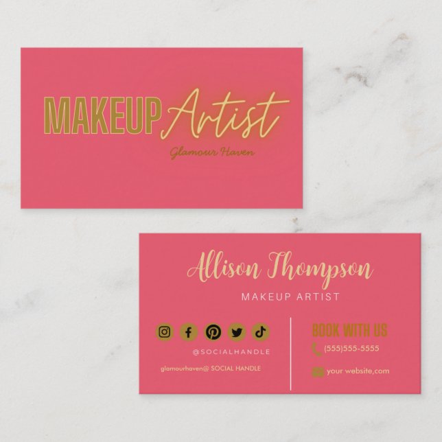 Rosa Guld Elegant Makeup Artist Affärskort Visitkort (Fram/baksida)