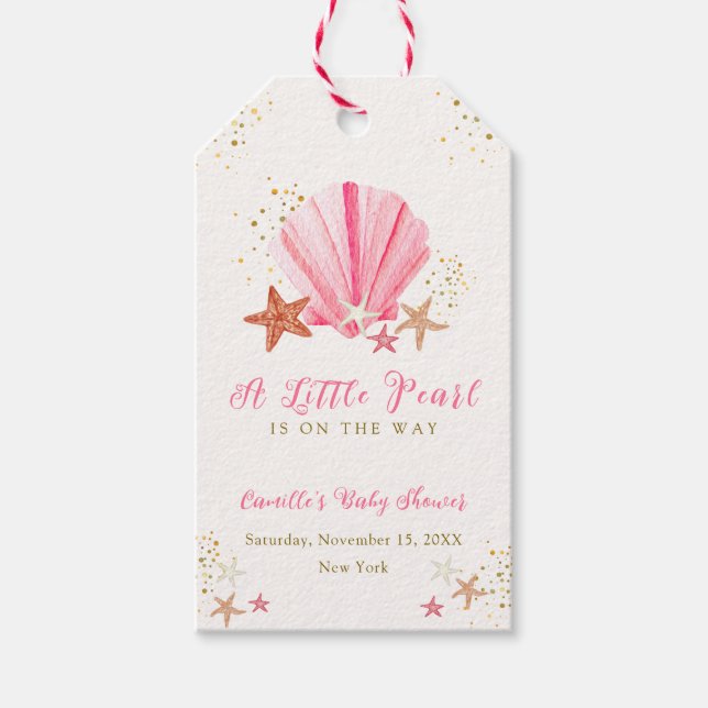 Rosa Guld Elegant Starfish Seashell Baby Shower Presentetikett (Framsidan)