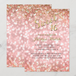 Rosa guld- elegantt Bokeh ljusglitter söta 16 Inbjudningar