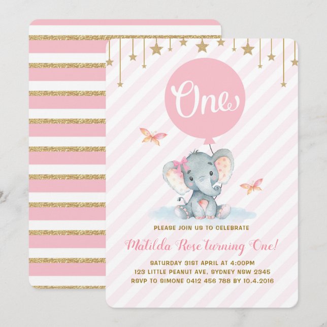 Rosa Guld Elephant 1st First Birthday Twinkle Star Inbjudningar (Fram/baksida)