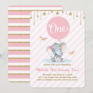 Rosa Guld Elephant 1st First Birthday Twinkle Star Inbjudningar