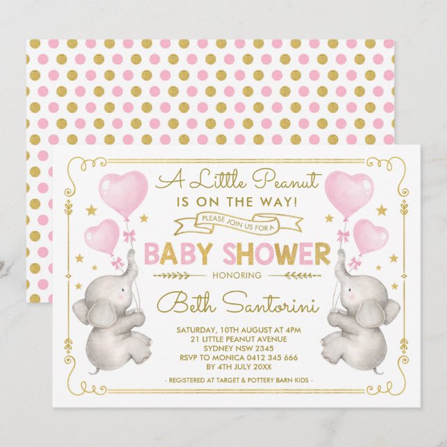 Rosa Guld Elephant Baby Shower Girl Jungle Inbjuda Inbjudningar (Fram/baksida)
