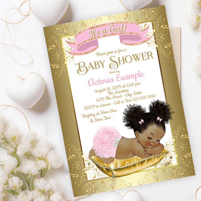 Rosa Guld Etniska Flickor Bebis Shower Inbjudninga Inbjudningar (Adorable baby pink gold baby shower invitation with sweet sleeping baby girl. )