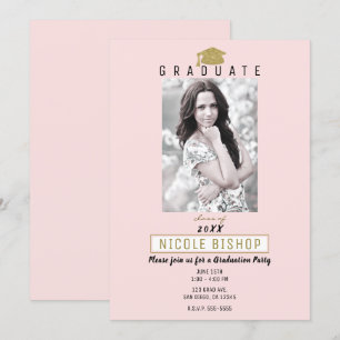 Rosa Guld Examenfoto Modern Examenfest Inbjudningar