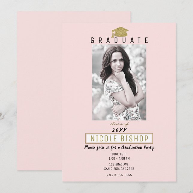 Rosa Guld Examenfoto Modern Studentfest Inbjudningar (Fram/baksida)