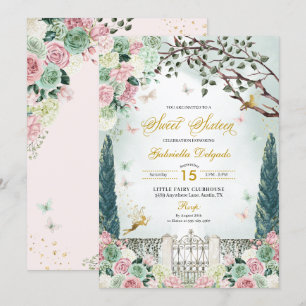 Rosa Guld Fairy Enchanted Garden Sweet 16 Inbjudningar