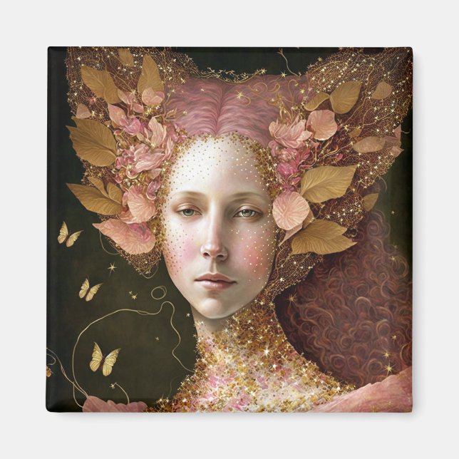 Rosa Guld Fairy Fae Woman Fantasy Art Magnet (Framsidan)