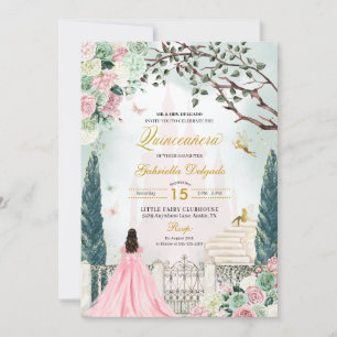 Rosa Guld Fairytale Enchanted Garden Quinceanera Inbjudningar