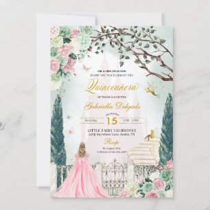 Rosa Guld Fairytale Enchanted Garden Quinceanera Inbjudningar