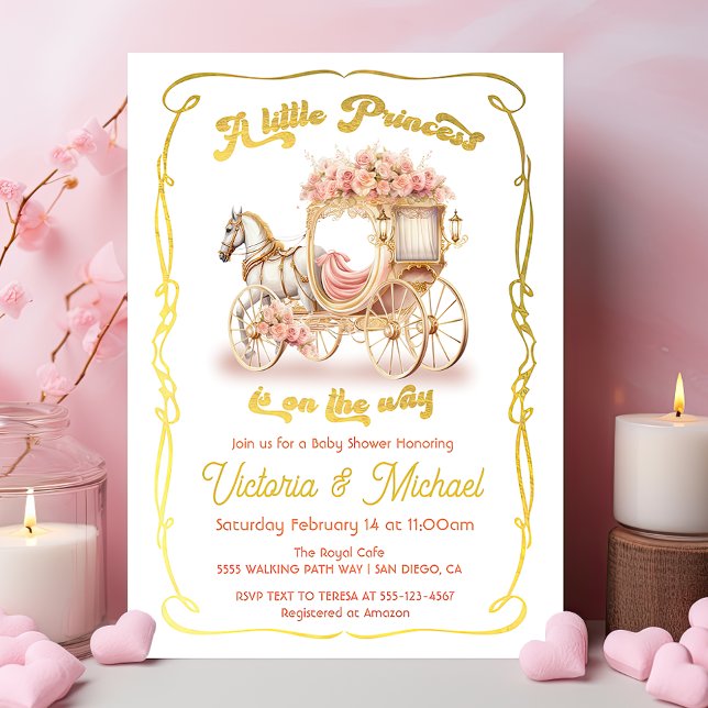 Rosa Guld Fairytale Princess Horse Carriage Shower Inbjudningar (Skapare uppladdad)