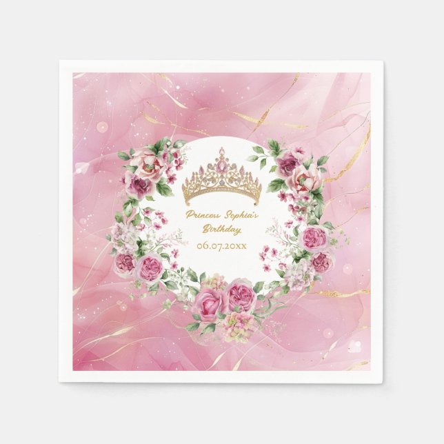 Rosa Guld Fairytale Princess Krona Birthday Napkin Pappersservett (Framsidan)