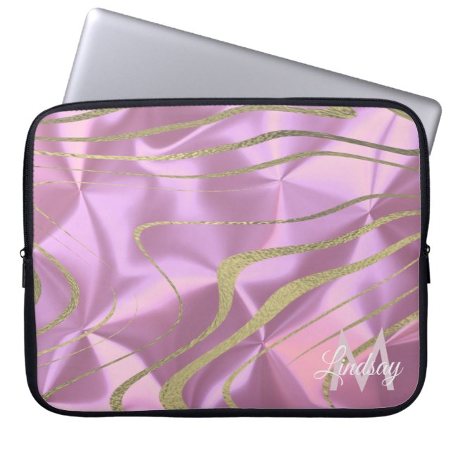 Rosa Guld Falska Folie Virvlar Monogram Laptop Fodral (Framsidan)