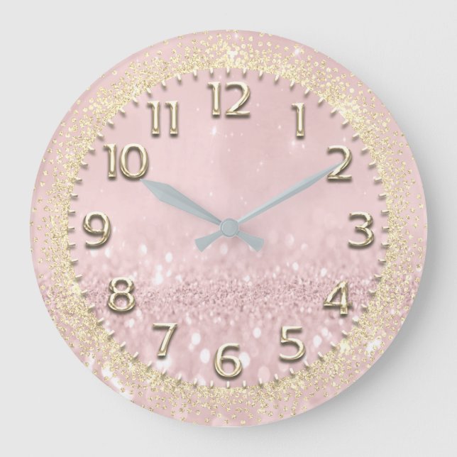 Rosa Guld Faux Crystals Glitter Spark Nimber Metal Stor Klocka (Framsida)