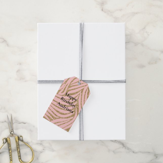 Rosa Guld Faux Glitter Zebra tryck Presentetikett (Med Snöre)