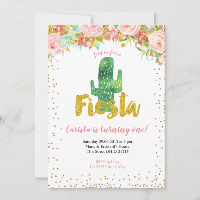 Rosa Guld Fiesta Första födelsedag Inbjudningar (Framsida)
