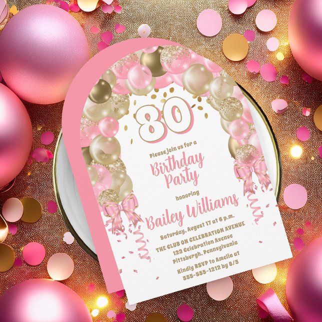 Rosa Guld Firande Buboner 80:e Födelsedagsfesten Inbjudningar (Pink, Gold Tone and White  Celebration Balloons "80" 80th Birthday Party Invitation - Print or Digi)