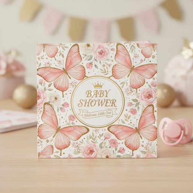 Rosa Guld Fjäril Blommig Bebis Kalas Pappersservett (Skapare uppladdad)
