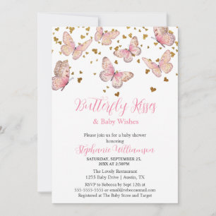 Rosa & Guld Fjäril Kysser Baby Shower  Inbjudningar