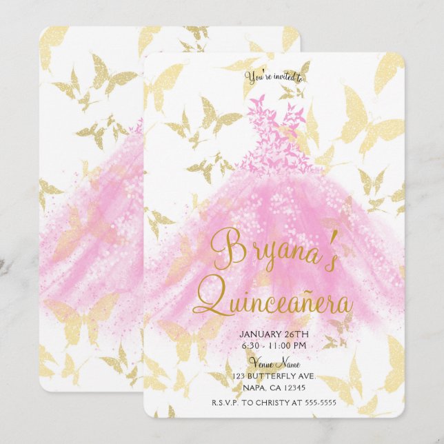 Rosa & Guld Fjärilsdansdräkt Quinceañera Inbjudningar (Fram/baksida)