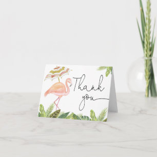 Rosa guld flamingo greenery tropical löv tack kort