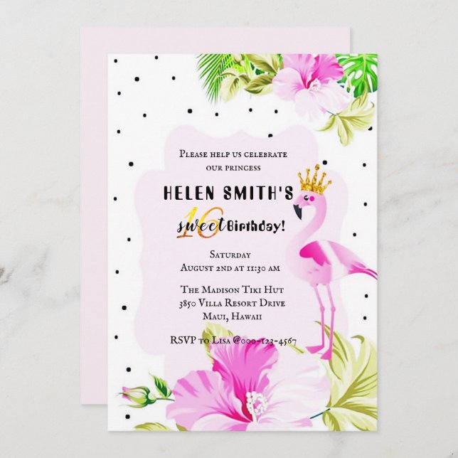 Rosa guld- FlamingoPrincess Tropik Sötsak 16 Inbjudningar (Fram/baksida)