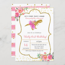 Rosa Guld Flicka DINOSAURIE FÖDELSEDAGSINBJUDAN