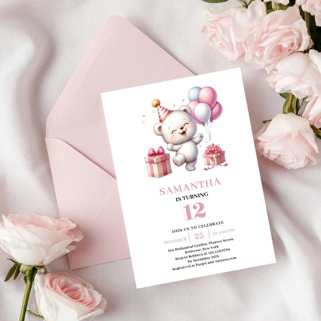 Rosa Guld Flickans Födelsedag Teddybjörn Ballong I Inbjudningar (Pink Gold Girl Birthday Teddy Bear Balloon Invite)