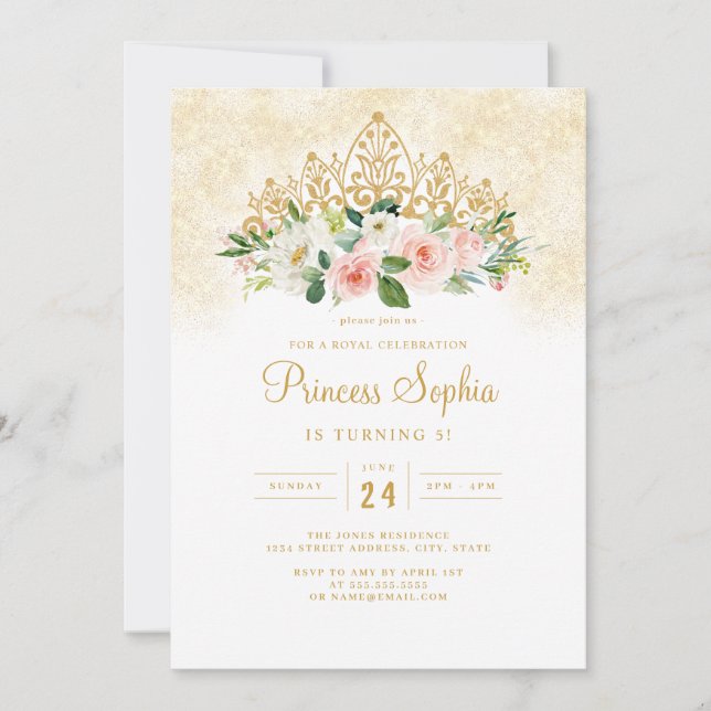 Rosa Guld Flickor Prinsessa Blommig Tiara Födelsed Inbjudningar (Framsida)