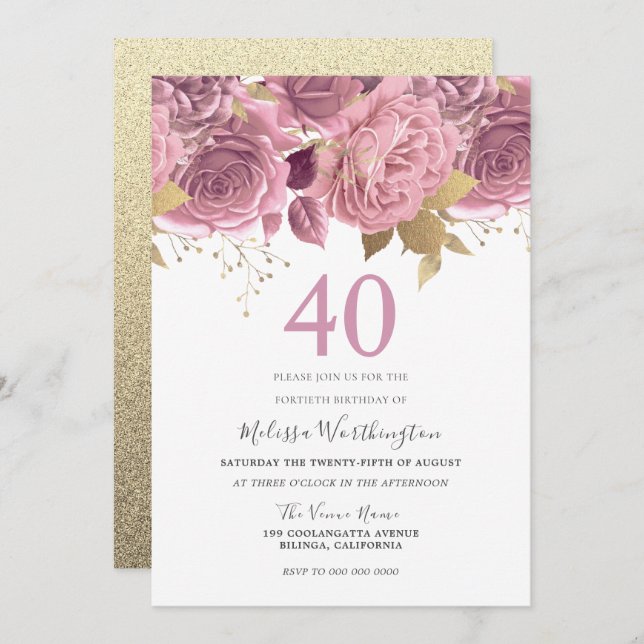  Rosa Guld Flowers 40:e födelsedag Party Inbjudningar (Fram/baksida)