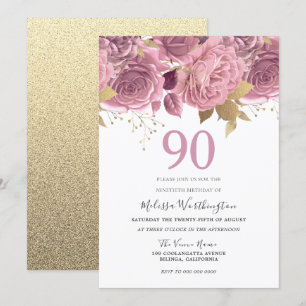 Rosa Guld Flowers 90:e Födelsedagsfest Inbjudningar