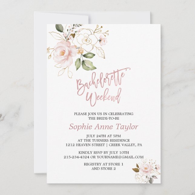  Rosa Guld Flowers Bachelorette Helg Inbjudningar (Framsida)