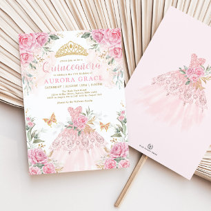 Rosa Guld Flowers Krona Princess Dress Quinceañera Inbjudningar