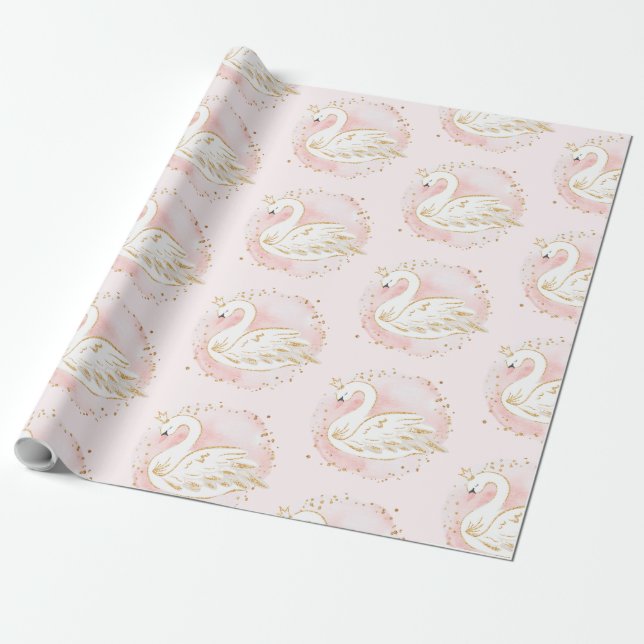 Rosa guld- födelsedagsfest för svanPrincess baby Presentpapper (Utrullad)