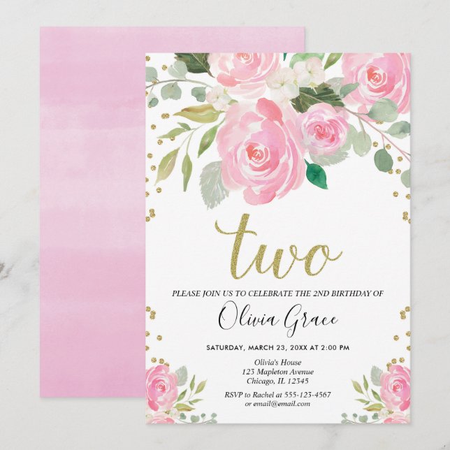  rosa guld, födelsedagskalas blommigt, födelsedag inbjudningar (Fram/baksida)