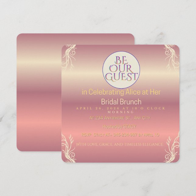 Rosa & Guld Foliage Brud att Vara Inbjudan | Chic  (Fram/baksida)