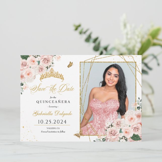 Rosa & Guld fotokort Quinceañera Spara datum Inbjudningar (Stående Fram)