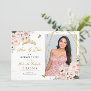 Rosa & Guld fotokort Quinceañera Spara datum Inbjudningar